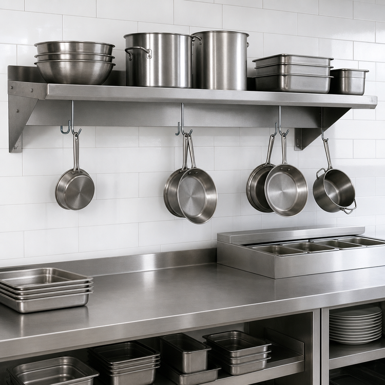 Product image #3 for BK Resources Economy Wall-Mount Stainless Steel Overshelf with Pot Rack, 96 Inch W x 16 Inch D