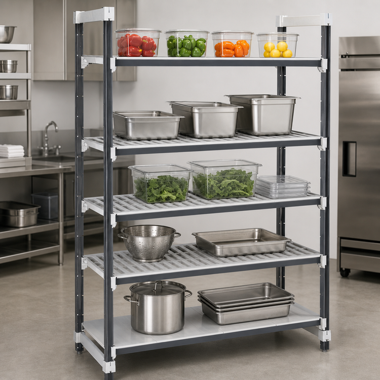 Product image #3 for Cambro Camshelving Elements XTRA 5-Tier Stationary Starter Polymer Shelving Unit, 60 in. W x 21 in. D x 84 in. H, Speckled Gray