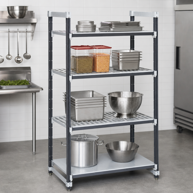 Product image #3 for Cambro Camshelving Elements XTRA 21 Inch x 48 Inch x 64 Inch 4-Tier Stationary Starter Shelving Unit, Vented and Solid, Speckled Gray