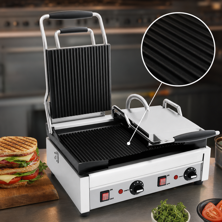 Product image #3 for Eurodib Commercial Double Countertop Panini Press with Ribbed Cast Iron Plates, 18 x 11 Inches, 240V
