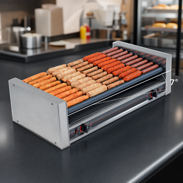 Product image #3 for Roll-A-Grill Wide Slanted Hot Dog Roller Grill, 45 Capacity, 230V, Chrome Rollers