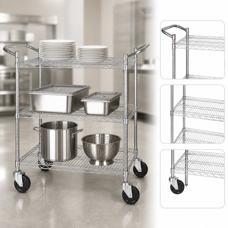 Product image #3 for Winco 3-Tier Chrome Plated Wire Utility Bus Cart, 18 x 36 Inches, 800 lb. Capacity