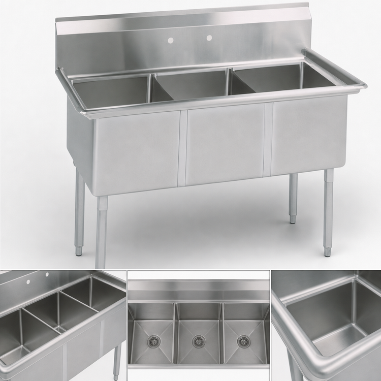Product image #3 for BK Resources Three-Compartment No-Drainboard Stainless Steel Sink, 59 Inch W x 23-13/16 Inch D x 43-3/4 Inch H, 18 x 18 x 12 Inch Bowls