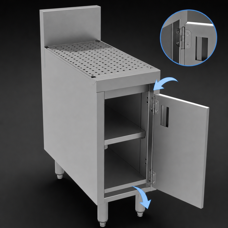 Product image #3 for Advance Tabco Prestige Supreme Free-Standing Stainless Steel Underbar Drainboard Cabinet with Removable Doors, 12 x 25 x 36 Inches