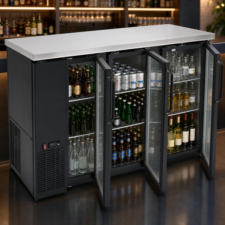 Product image #3 for BlendPort® Three-Section Reach-In Back Bar Cooler with Glass Doors, 72-3/4 Inch Wide, Stainless Steel Top