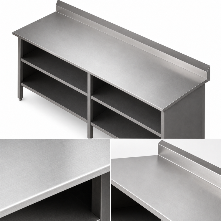 Product image #3 for John Boos Open Front Cabinet Base Work Table with 16-Gauge 300 Series Stainless Steel Top, 5-Inch Backsplash, 120 x 30 Inches