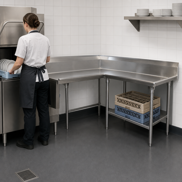 Product image #3 for Advance Tabco Korner Clean Right-Hand L-Shaped Dishtable, 95-Inch, 16-Gauge 304 Stainless Steel