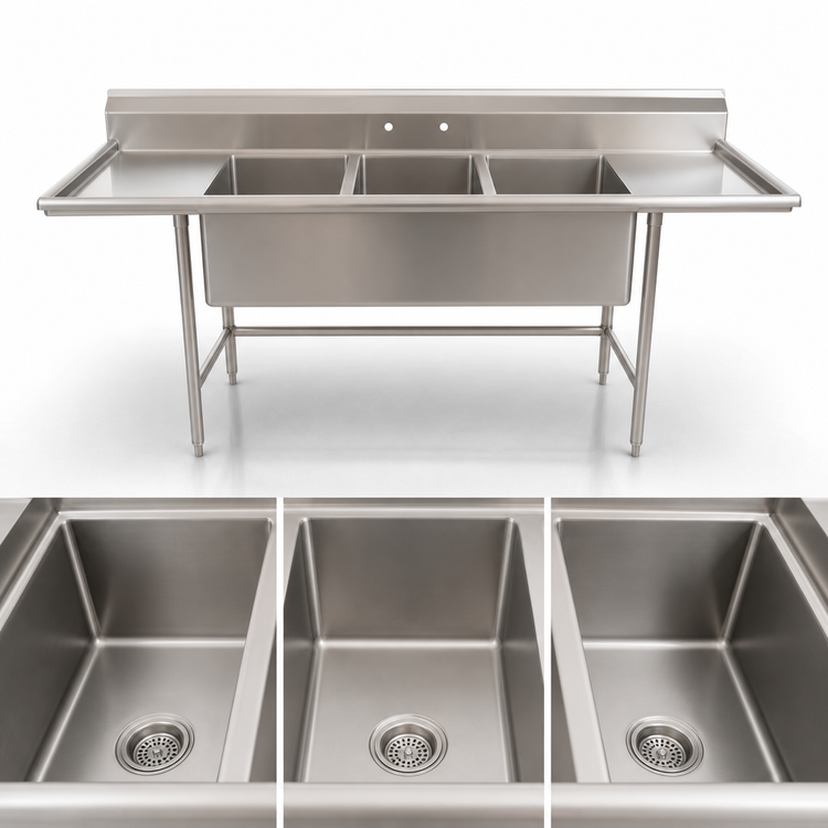 Product image #3 for Eagle Group S14 Series Three-Compartment Stainless Steel Sink with Dual 18-Inch Drainboards