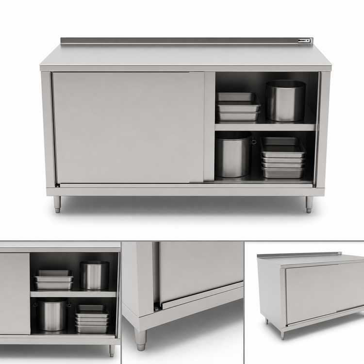 Product image #3 for John Boos 48 Inch x 36 Inch Enclosed Work Table with Sliding Doors and 1-1/2 Inch Rear Up-Turn