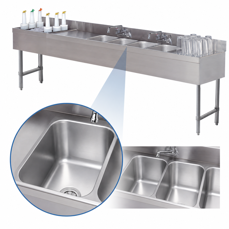 Product image #3 for Advance Tabco Underbar Basics Stainless Steel 3-Compartment Bar Sink and Ice Bin Combination Unit, 84 Inch Wide, Left Ice Bin