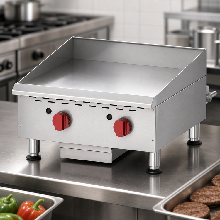 Product image #3 for Omcan Countertop Stainless Steel Natural Gas Griddle with Thermostatic Control, 24 x 20-Inch Cooking Area, 60,000 BTU