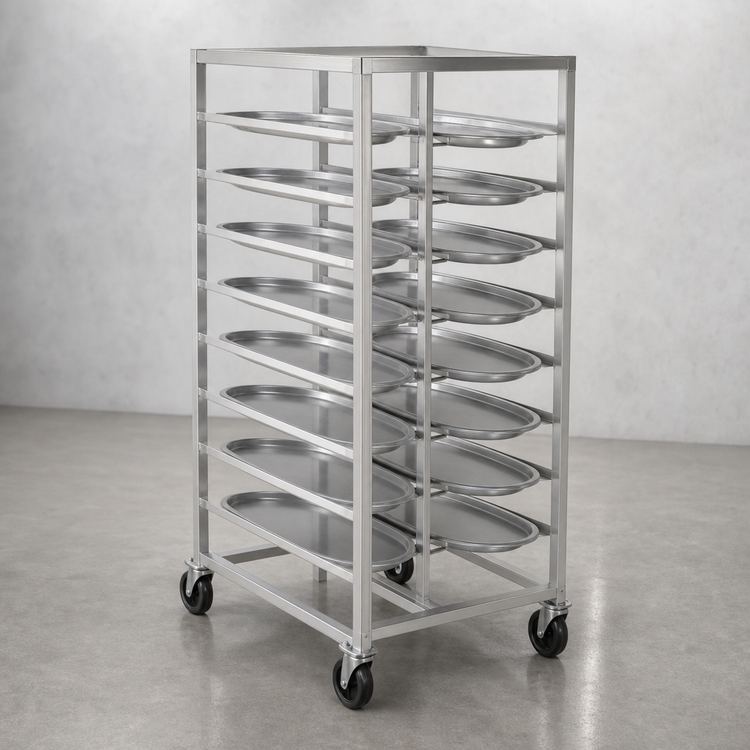 Product image #3 for Aluminum Double-Section Oval Tray Rack Cart, 8-Inch Spacing, 16-Tray Capacity