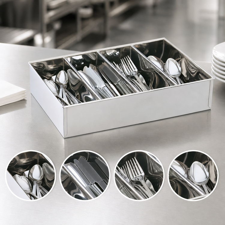 Product image #3 for Vollrath Stainless Steel 4-Compartment Rounded Cutlery Dispenser Bin