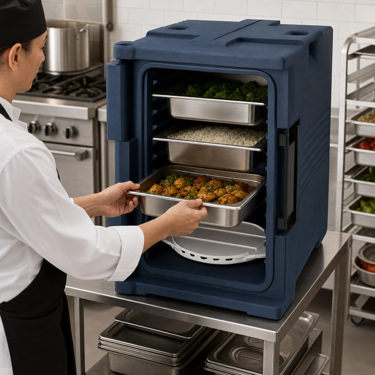 Product image #4 for Cambro Ultra Pan Carrier Front-Loading Insulated Food Pan Carrier with Security Package, Navy Blue
