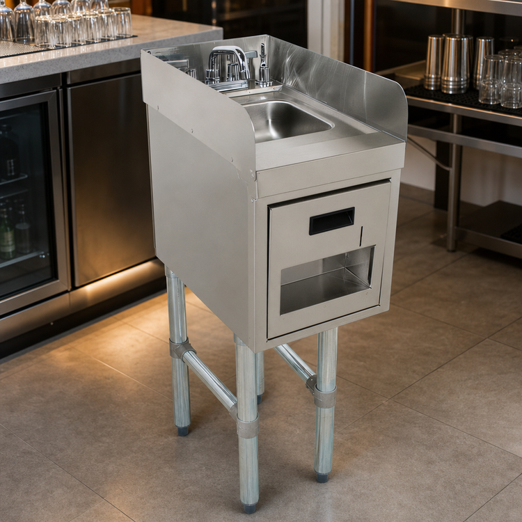 Product image #3 for Advance Tabco Underbar Basics 15-Inch Freestanding Stainless Steel Hand Sink with 4-Inch Side Splashes, Soap Dispenser, and Towel Dispenser