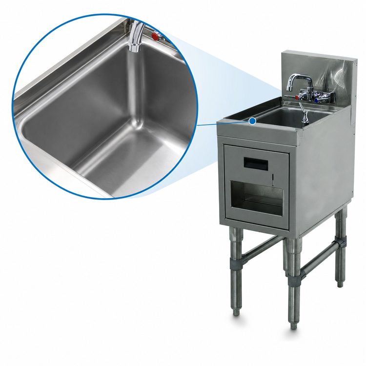 Product image #3 for Advance Tabco Prestige Supreme Stainless Steel Underbar Freestanding Hand Sink with Splash-Mount Faucet, Soap & Towel Dispensers, 18 x 20 x 36 Inches