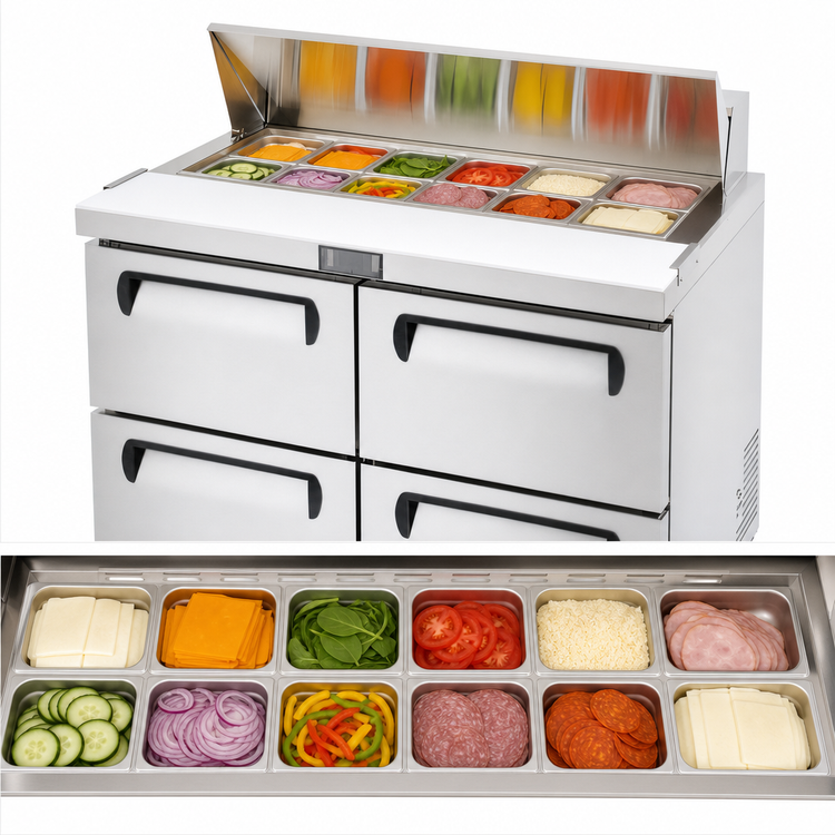 Product image #4 for Migali 48-1/4 Inch Stainless Steel Refrigerated Sandwich Prep Table with 2 Drawers and 12-Pan Capacity