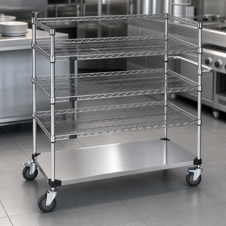 Product image #3 for Quantum 3-Sided Stainless Steel Utility Cart with 4 Shelves, 48 x 24 x 60 Inches, 1,200 lb Capacity