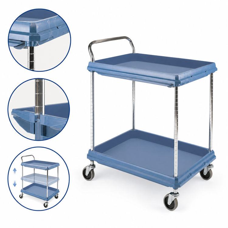 Product image #3 for Metro Deep Ledge 2-Tier Polymer Utility Bus Cart with Open Base, 38.75" x 27", Blue