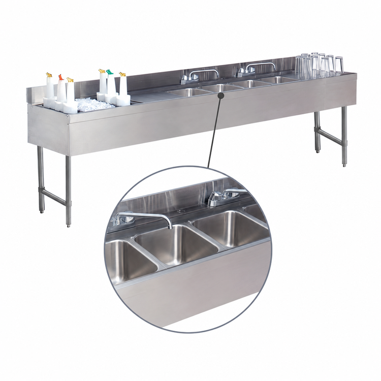 Product image #3 for Advance Tabco Underbar Basics 96-Inch Stainless Steel 3-Compartment Bar Sink and Ice Bin Combo with Left-Hand Ice Bin and Deck-Mount Faucet