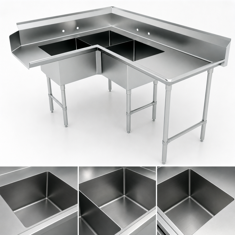 Product image #3 for Right-Hand Corner Dishtable with 3-Compartment Sink, 71-Inch W, 24-Inch Drainboard
