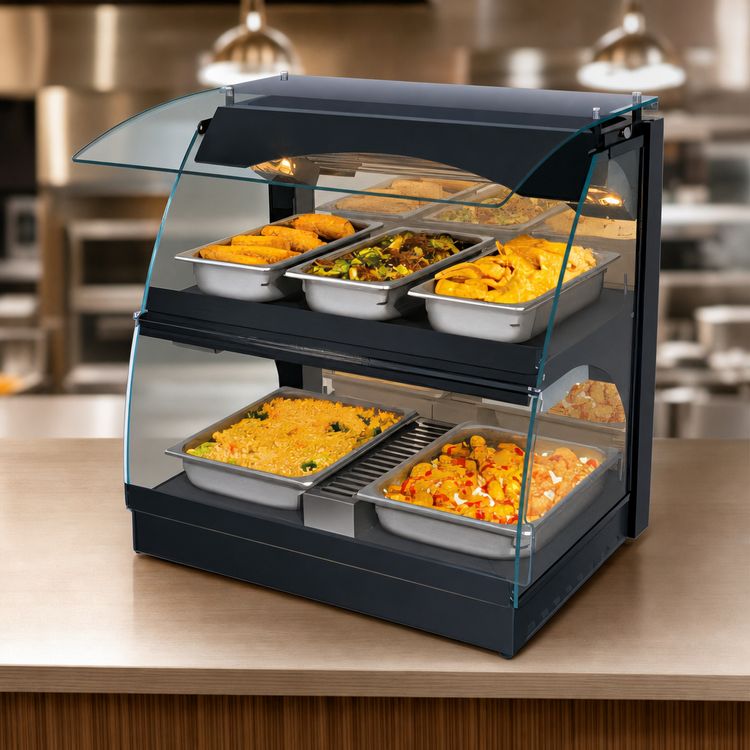 Product image #3 for Hatco Glo-Ray Curved Glass Countertop Merchandising Warmer with Deck and Shelf, Humidified Bottom Shelf, 26-Inch