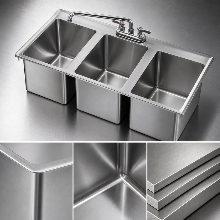 Product image #3 for Krowne 36 Inch Three-Compartment Stainless Steel Drop-In Sink with Included 12 Inch Spout Faucet