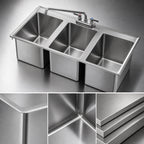 Thumbnail image #3 for Krowne HS-3819 36-Inch Three-Compartment Stainless Steel Drop-In Sink, 10 x 14 x 10-Inch Bowls, No Drainboards