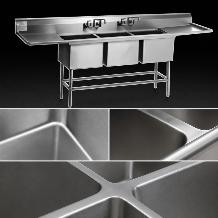 Product image #3 for Eagle Spec-Master FN Series Coved Corner Stainless Steel Three-Compartment Sink with 30-Inch Left Drainboard, 91-1/2-Inch Wide