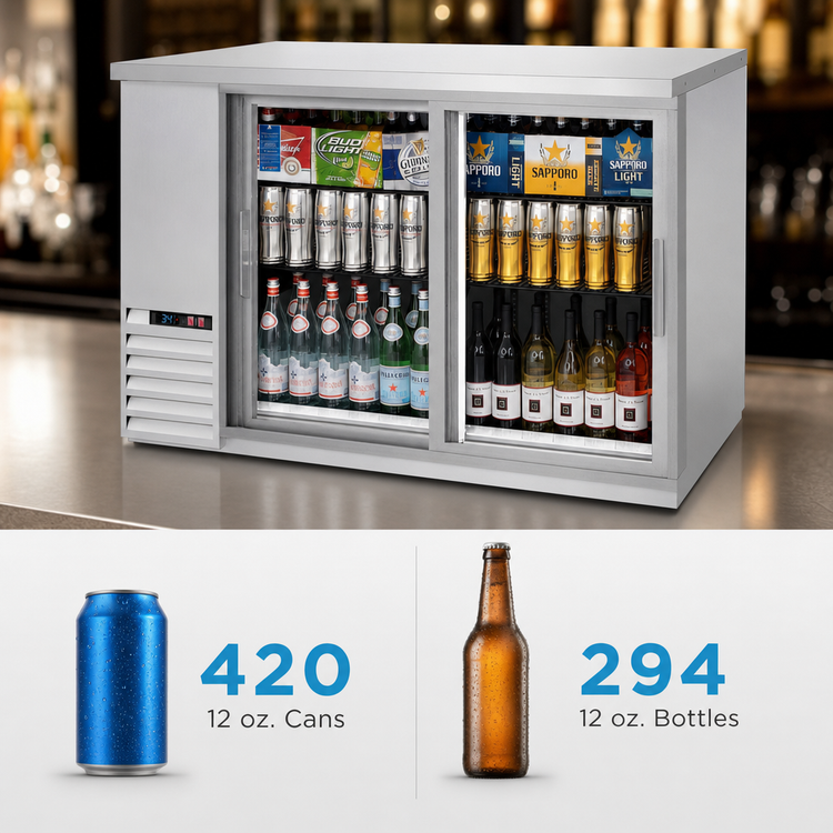 Product image #3 for Everest Refrigeration Two-Section Back Bar Refrigerator with Glass Sliding Doors, 49 Inch, 13 Cu. Ft., Stainless Steel