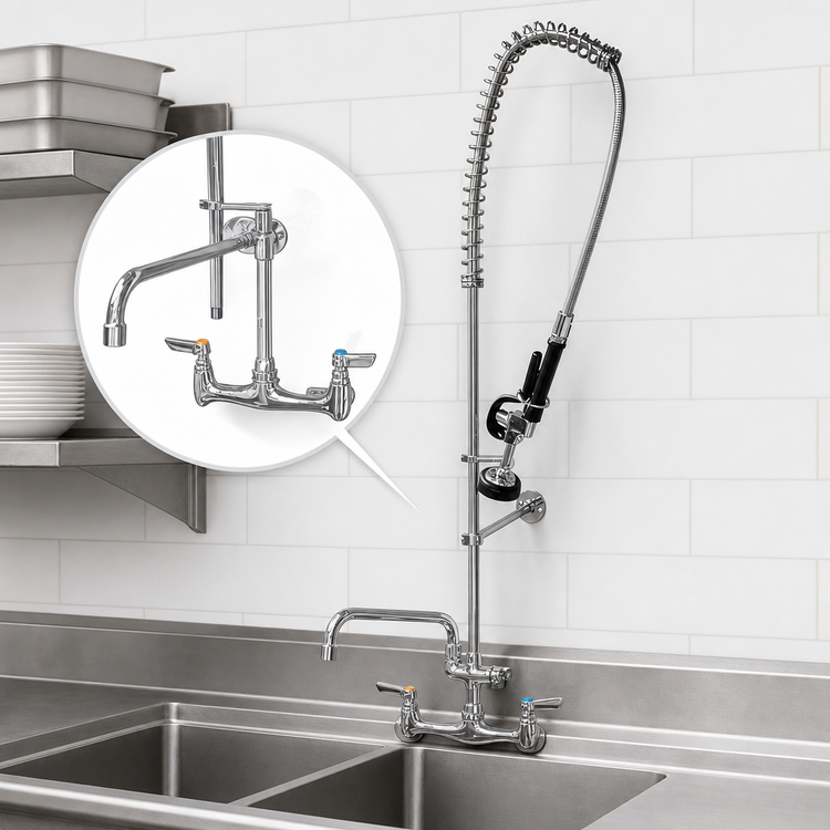 Product image #3 for Omcan USA Pre-Rinse Assembly with Add-On Faucet, Wall Mount, 8-Inch Centers, 20-Inch Riser, 44-Inch Flexible Hose, 12-1/2-Inch Swing Spout