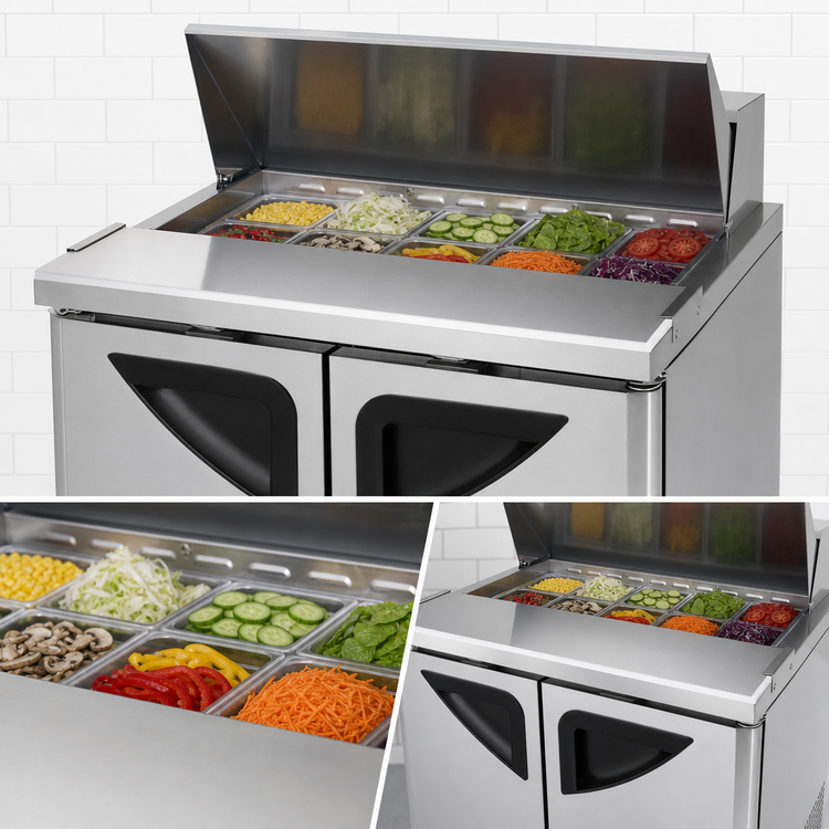 Product image #3 for Turbo Air Super Deluxe 36-Inch Two-Section Refrigerated Sandwich/Salad Prep Table, 10-Pan Opening, Rear-Mounted Self-Contained, Stainless Steel, 115V