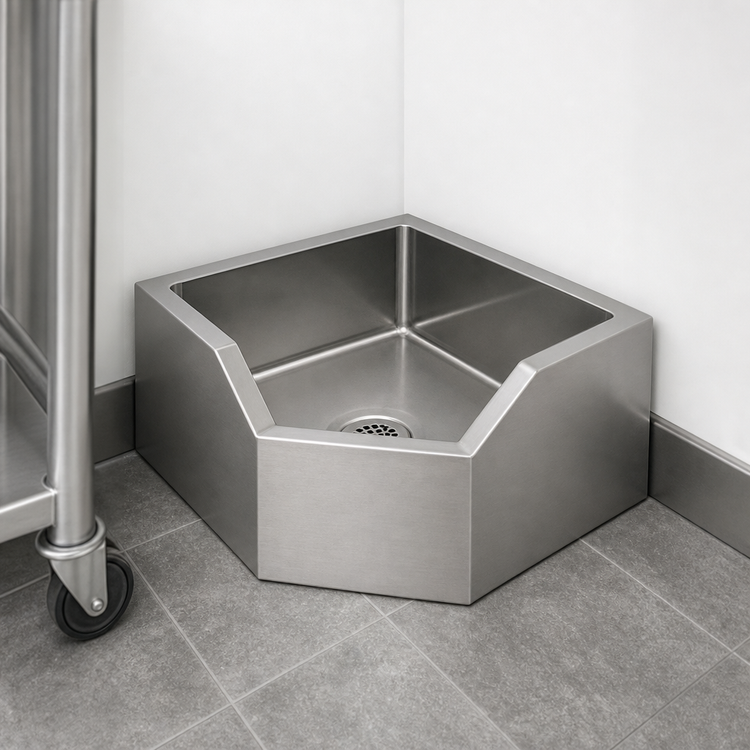 Product image #3 for Eagle Group Corner Floor-Mounted Mop Sink with Drop Edge and Full Skirt, 21" x 21" x 8" Bowl, 304 Stainless Steel