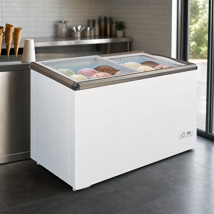 Product image #3 for Omcan USA Ice Cream Chest Freezer, 7.1 Cu. Ft., with 2 Sliding Flat Glass Doors, Lock, Basket, and Casters