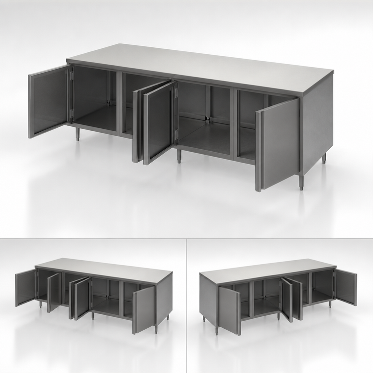 Product image #4 for BK Resources Stainless Steel Dual-Access Chef Table with Locking Hinged Doors, 84 x 30 Inch