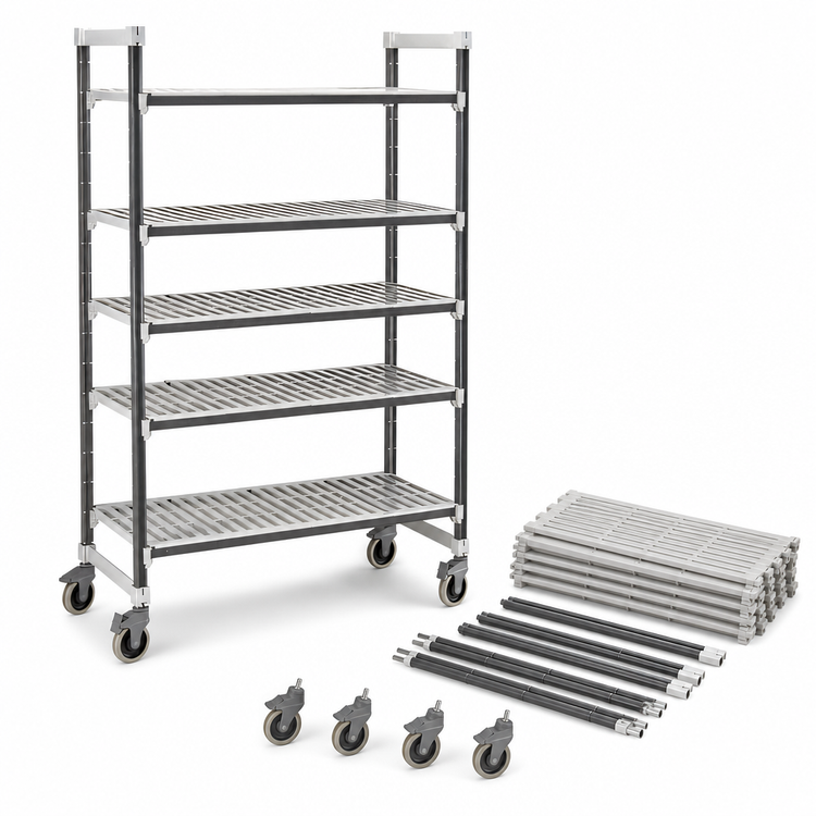 Product image #3 for Cambro Camshelving Elements XTRA 5-Tier Vented Mobile Starter Unit, 24 x 48 x 70.25 Inch, Speckled Gray