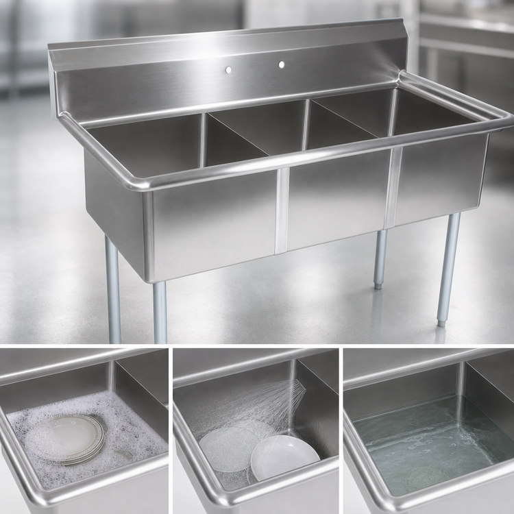 Product image #3 for John Boos E-Series Commercial 3-Compartment Stainless Steel Sink with Boxed Backsplash