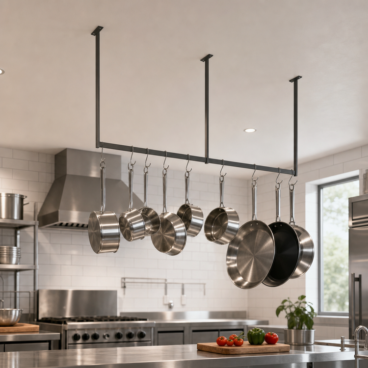 Product image #3 for John Boos Ceiling-Mount Single-Bar Stainless Steel Pot Rack with 9 Double Hooks