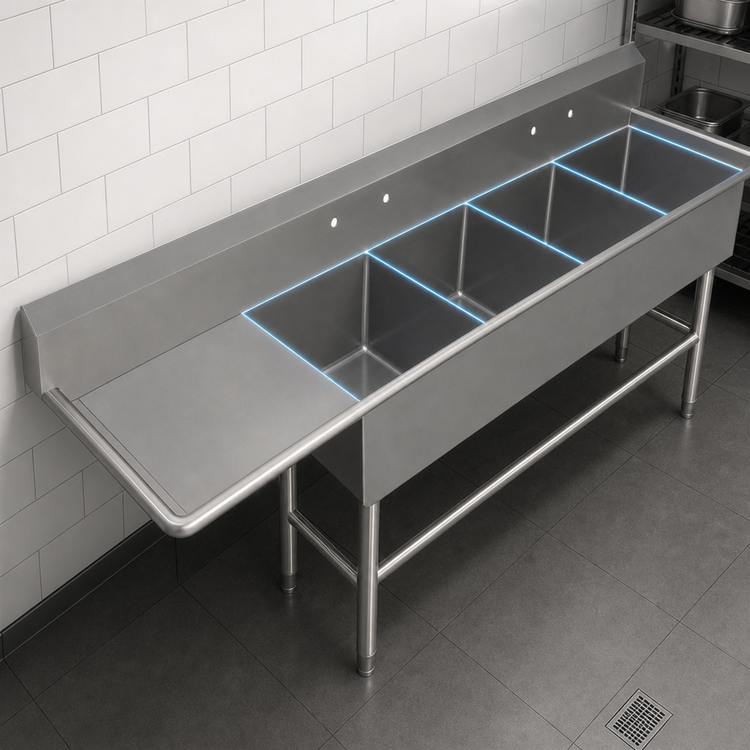 Product image #3 for John Boos Pro-Bowl 4-Compartment Sink with Left Drainboard, 124-3/16 Inch Wide, 16-Gauge Stainless Steel