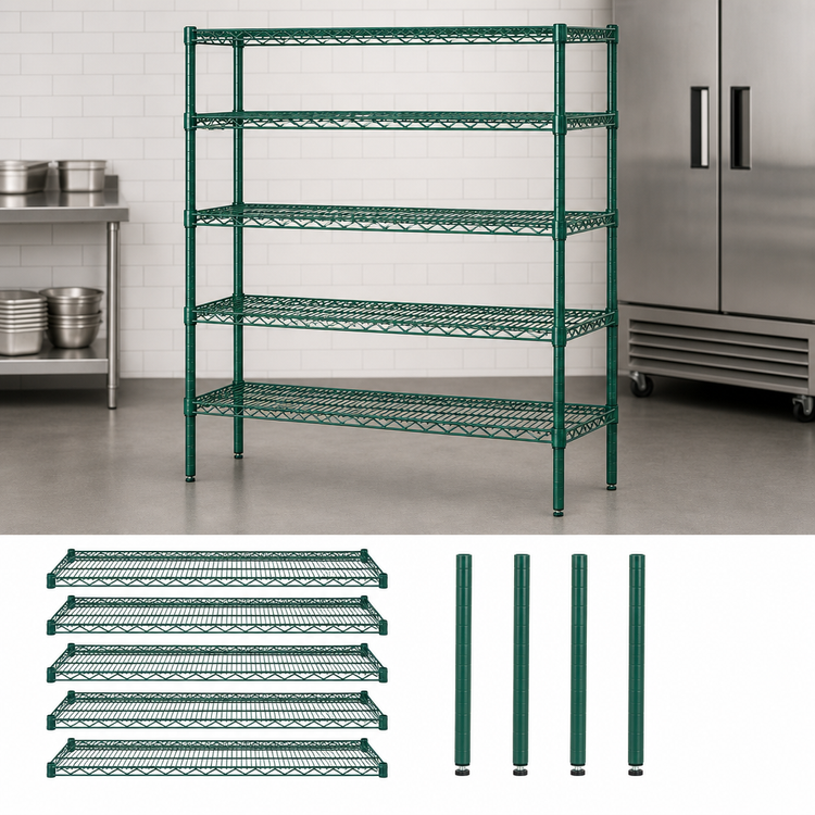 Product image #3 for Quantum 72"W x 24"D x 63"H Wire Shelving Starter Kit, 5 Shelves, Green Epoxy Antimicrobial Finish
