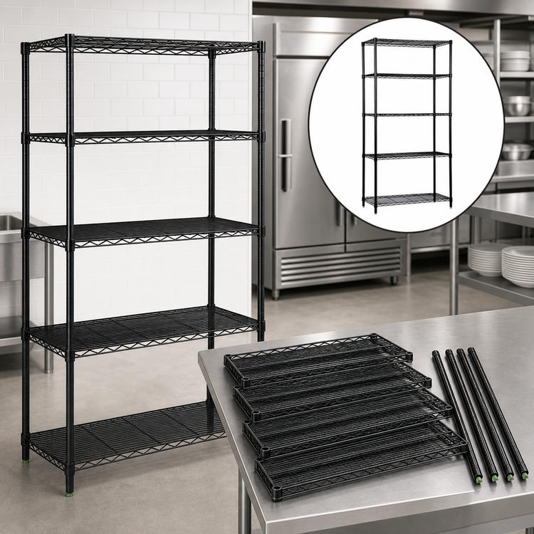 Product image #3 for Quantum 42" x 12" x 86" Black Epoxy Antimicrobial Wire Shelving Starter Kit, 5-Shelf Stationary Unit