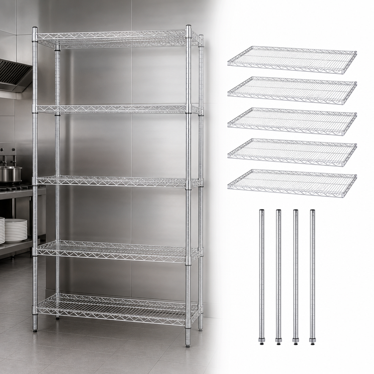 Product image #3 for Quantum 54"W x 21"D x 74"H Stationary Wire Shelving Starter Kit, 5 Shelves, 304 Stainless Steel, 600-800 lb. Capacity
