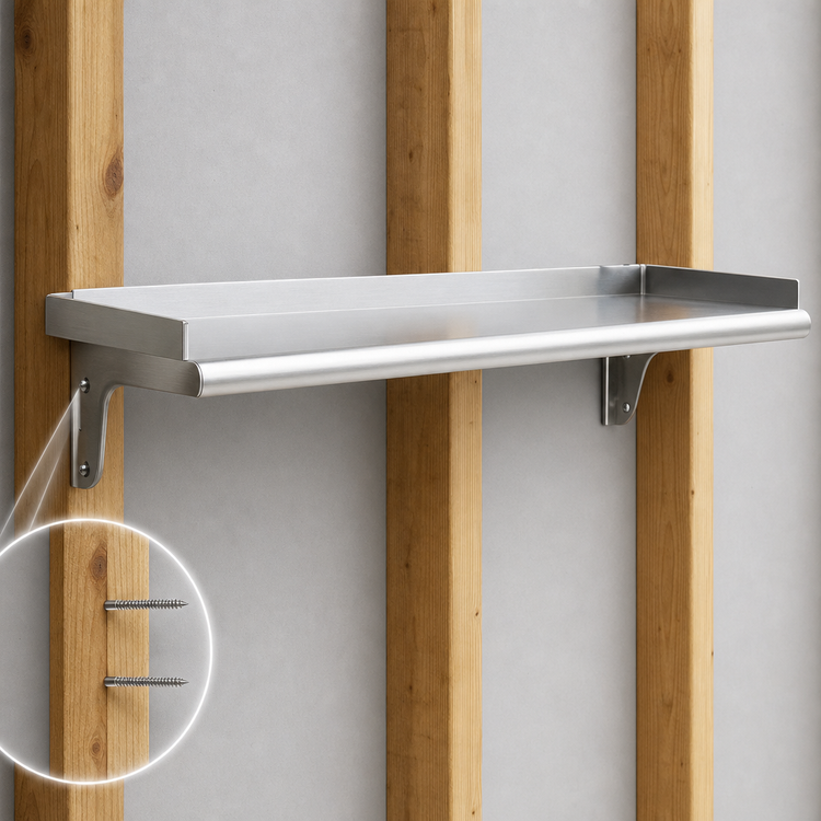 Product image #3 for Eagle Snap-n-Slide 60"W x 12"D Wall-Mounted Stainless Steel Shelf, Rolled Front Edge, 16/430, 225 lb Capacity