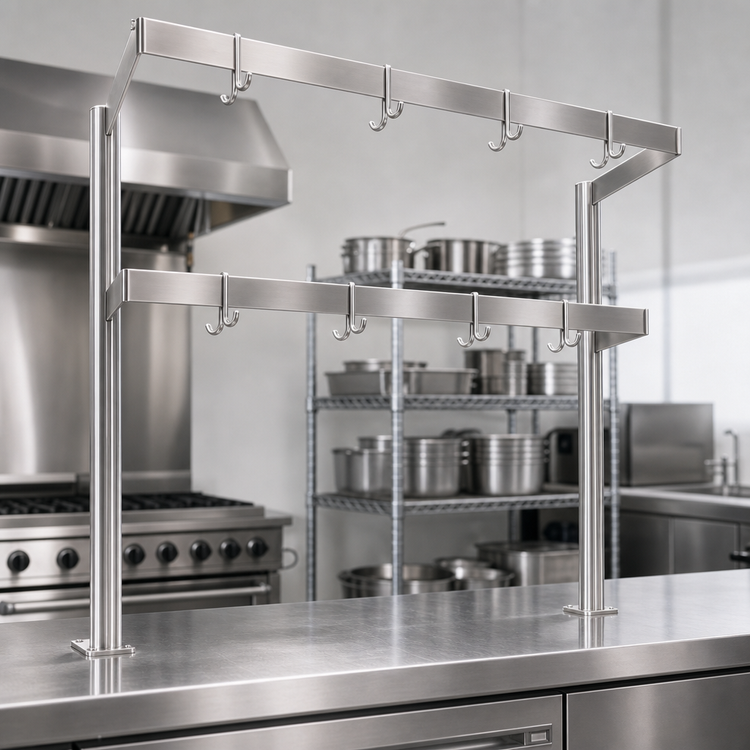 Product image #3 for John Boos Table-Mounted Double-Bar Stainless Steel Pot Rack with 12 Double Hooks