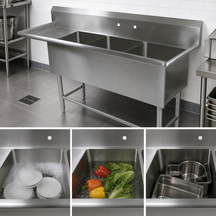 Product image #3 for John Boos Pro-Bowl 3-Compartment Floor Sink with Left Drainboard, 16-Gauge Stainless Steel, 76-3/16 Inch Wide