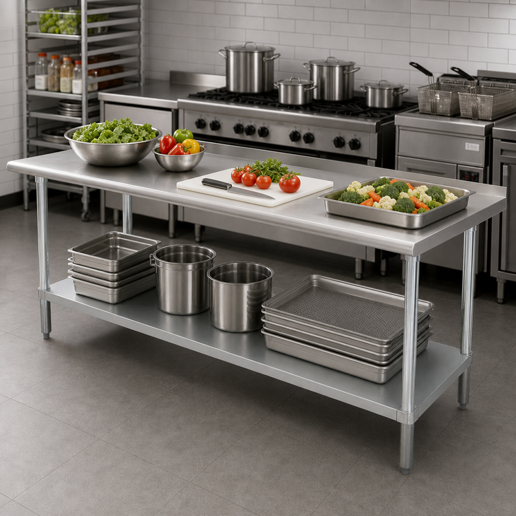 Product image #3 for Advance Tabco 144"W x 36"D 16-Gauge 430 Stainless Steel Work Table with 1-1/2" Rear Upturn and Undershelf