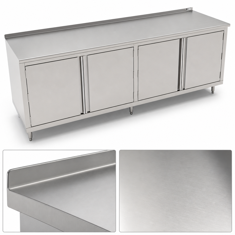 Product image #3 for John Boos Enclosed Work Table with Cabinet Base and Hinged Doors, 132 x 36 Inches, 16-Gauge Stainless Steel Top, 1-1/2-Inch Rear Riser