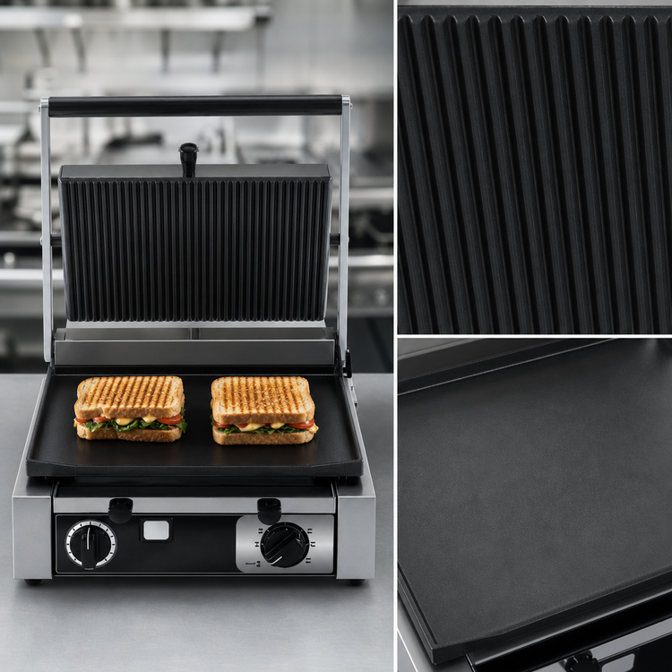 Product image #3 for Trento Single Countertop Panini Grill with Ribbed Top and Smooth Bottom, 15 x 10 Inch Cast Iron Cooking Surface, 120V