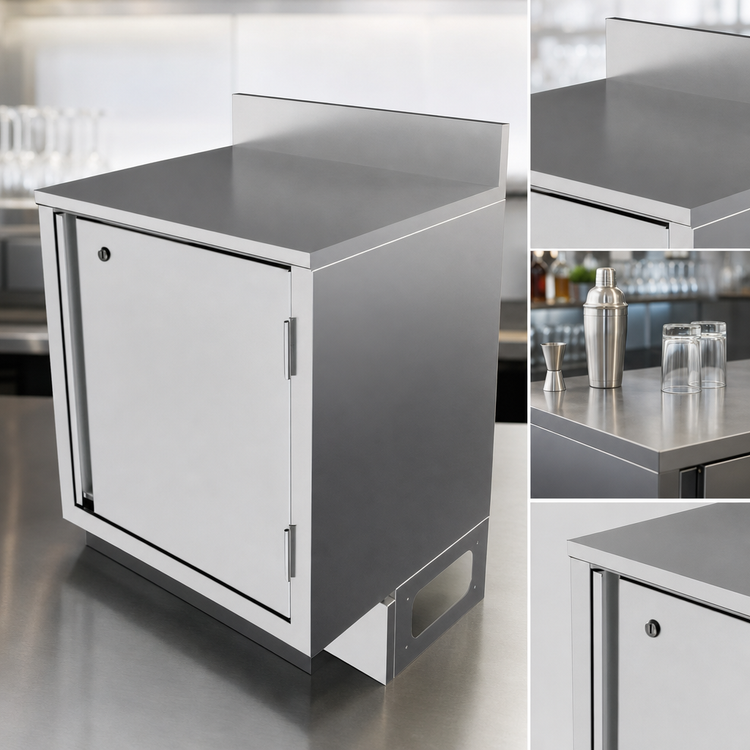 Product image #3 for BK Resources Call Series Flat Top Underbar Cabinet with Hinged Locking Door, Pedestal Base, 24 x 21 Inches