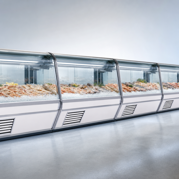 Product image #3 for Howard-McCray 32E Series 74-Inch Curved Glass Endless Design Self-Contained Fish/Poultry Refrigerated Service Case with LED Lighting